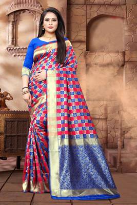 Royal Blue Woven Kanjivaram Silk Saree With Blouse 4