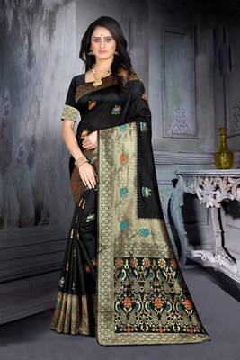 Black Woven Art Silk Saree With Blouse 4