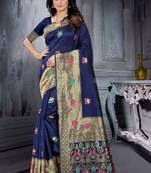 Navy Blue Woven Kanjivaram Silk Saree With Blouse