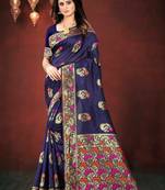 Navy Blue Woven Kanjivaram Silk Saree With Blouse