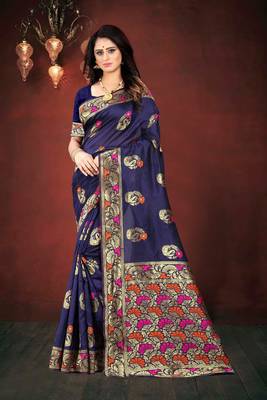 Navy Blue Woven Kanjivaram Silk Saree With Blouse 4