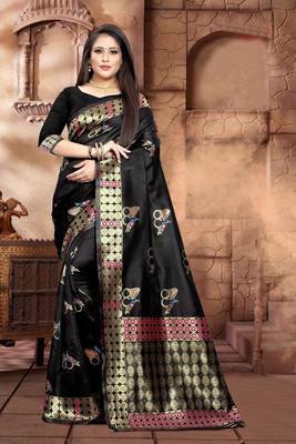 Black Woven Kanjivaram Silk Saree With Blouse 5