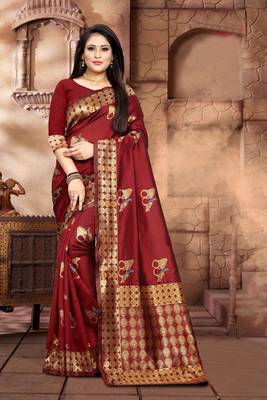 Maroon Woven Kanjivaram Silk Saree With Blouse 4