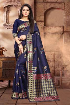 Navy Blue Woven Kanjivaram Silk Saree With Blouse 3