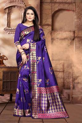 Purple Woven Kanjivaram Silk Saree With Blouse 3