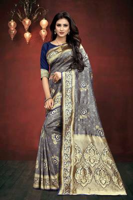 Navy Blue Woven Art Silk Saree With Blouse 1