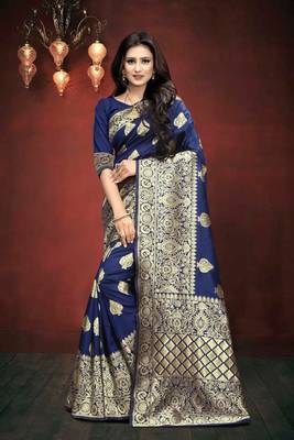 Navy Blue Woven Art Silk Saree With Blouse 5