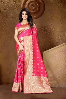 Pink Woven Art Silk Saree With Blouse