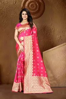 Pink Woven Art Silk Saree With Blouse