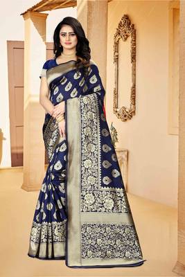 Navy Blue Woven Art Silk Saree With Blouse 3