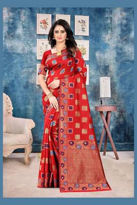 Red Woven Kanjivaram Silk Saree With Blouse 1