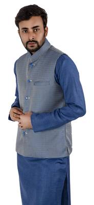 Blue woven cotton nehru-jacket 5