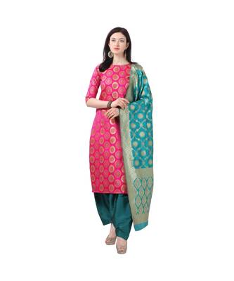 magenta woven cotton unstitched salwar with dupatta 1