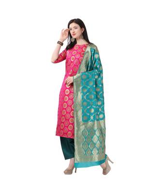 magenta woven cotton unstitched salwar with dupatta 2