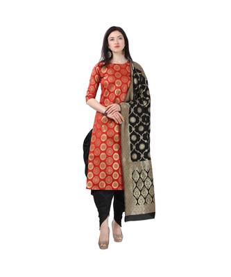 red woven cotton unstitched salwar with dupatta 1