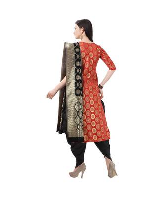 red woven cotton unstitched salwar with dupatta 3