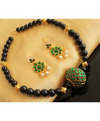 Beautiful Black Beads Green Rudhra Balls Designer Necklace Set 1