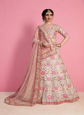 Peach Embroidered Art Silk Semi Stitched Lehenga 2