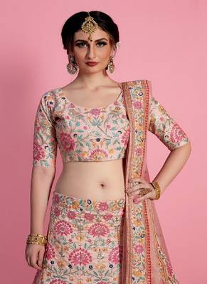 Peach Embroidered Art Silk Semi Stitched Lehenga 3