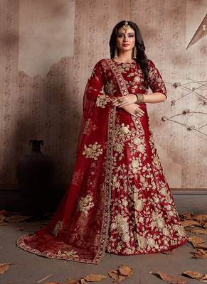Maroon Embroidered Velvet Semi Stitched Lehenga 2