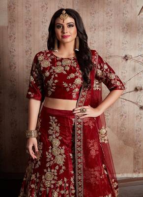 Maroon Embroidered Velvet Semi Stitched Lehenga 3