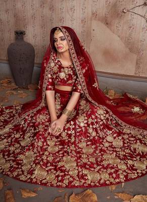 Maroon Embroidered Velvet Semi Stitched Lehenga 4
