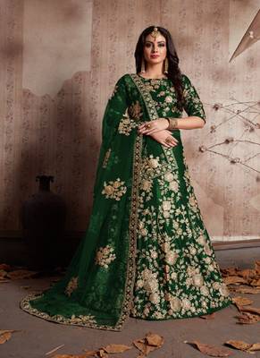 Green Embroidered Velvet Semi Stitched Lehenga 2