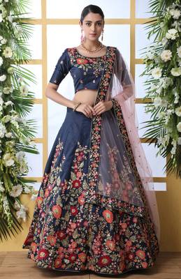 Navy Blue Thread, Zari With Sequince Embroidered Art Silk Semi Stitched Lehenga 1