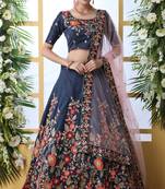 Navy Blue Thread, Zari With Sequince Embroidered Art Silk Semi Stitched Lehenga