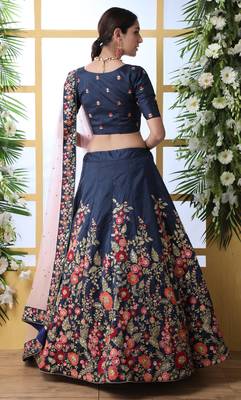 Navy Blue Thread, Zari With Sequince Embroidered Art Silk Semi Stitched Lehenga 2