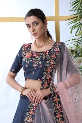 Navy Blue Thread, Zari With Sequince Embroidered Art Silk Semi Stitched Lehenga 3