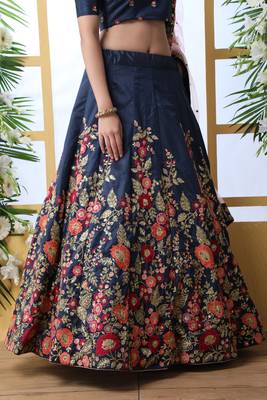 Navy Blue Thread, Zari With Sequince Embroidered Art Silk Semi Stitched Lehenga 4