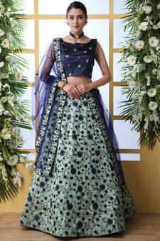 Mint Green Thread, Zari With Sequince Embroidered Art Silk Semi Stitched Lehenga