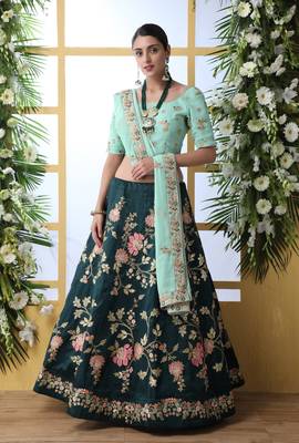 Dark Green Thread, Zari With Sequince Embroidered Art Silk Semi Stitched bridal lehenga 1