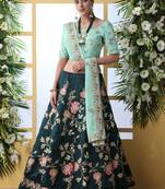 Dark Green Thread, Zari With Sequince Embroidered Art Silk Semi Stitched bridal lehenga