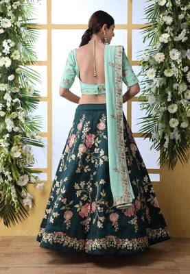 Dark Green Thread, Zari With Sequince Embroidered Art Silk Semi Stitched bridal lehenga 2