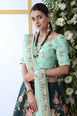 Dark Green Thread, Zari With Sequince Embroidered Art Silk Semi Stitched bridal lehenga 3