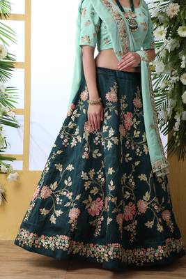 Dark Green Thread, Zari With Sequince Embroidered Art Silk Semi Stitched bridal lehenga 4