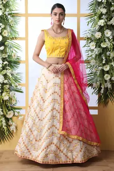 Off White Thread, Zari With Sequince Embroidered Art Silk Semi Stitched bridal lehenga