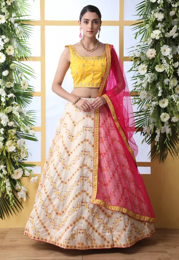 Off White Thread, Zari With Sequince Embroidered Art Silk Semi Stitched bridal lehenga