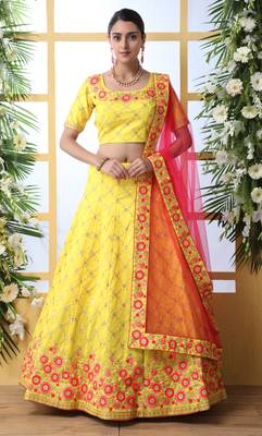 Yellow Thread, Zari With Sequince Embroidered Art Silk Semi Stitched bridal lehenga 1