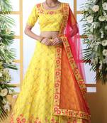 Yellow Thread, Zari With Sequince Embroidered Art Silk Semi Stitched bridal lehenga