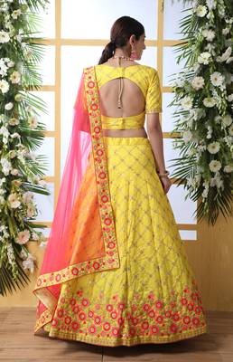Yellow Thread, Zari With Sequince Embroidered Art Silk Semi Stitched bridal lehenga 2