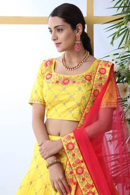 Yellow Thread, Zari With Sequince Embroidered Art Silk Semi Stitched bridal lehenga 3