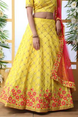 Yellow Thread, Zari With Sequince Embroidered Art Silk Semi Stitched bridal lehenga 4