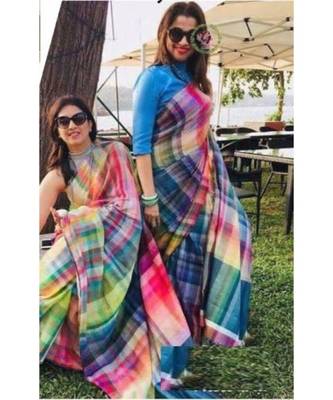 multicolor Digital printed Linen partywear Bollywood saree with blouse 1