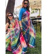 multicolor Digital printed Linen partywear Bollywood saree with blouse
