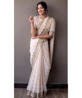 cream Embroidery georgette partywear Bollywood saree with blouse 1