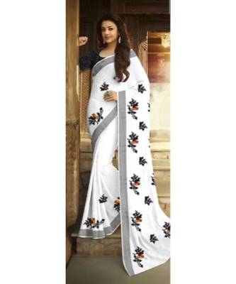 white Digital printed Linen partywear Bollywood saree with blouse 1