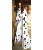 white Digital printed Linen partywear Bollywood saree with blouse